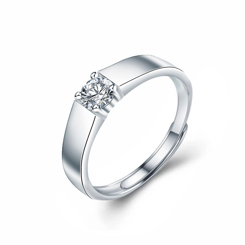 925 Sterling Silver Men's Platinum-tone Moissanite Ring Korean Style Polished Simple Open Ring Trendy Jewelry Couple