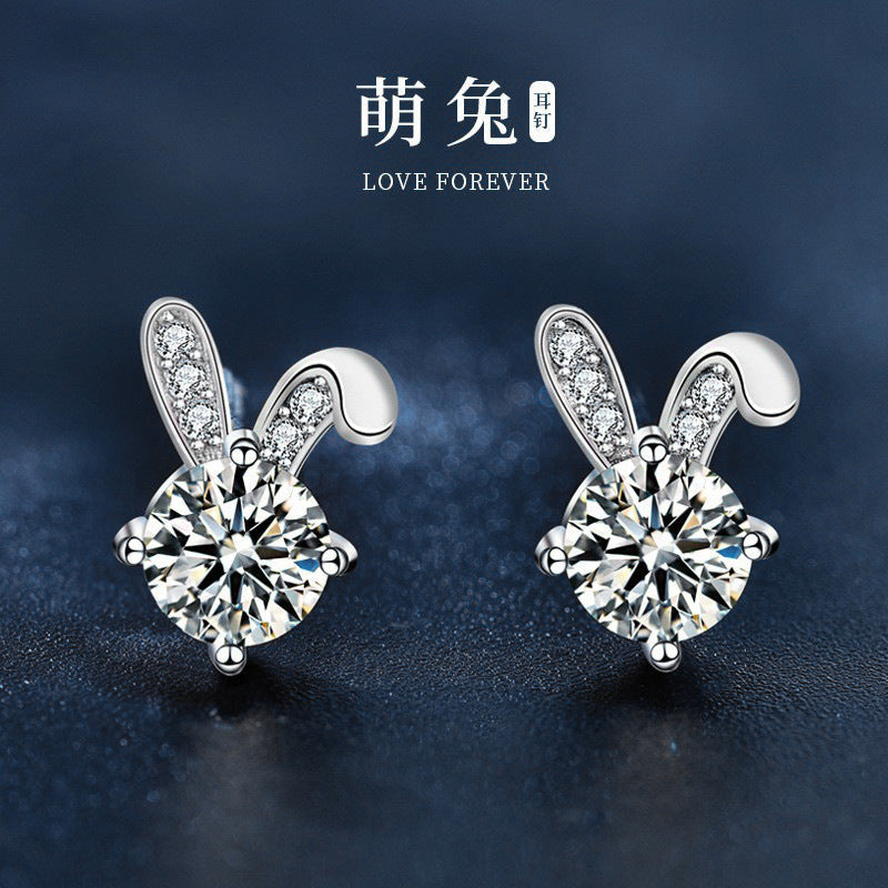 s925 cute rabbit earrings, women's pure silver, unique design, moissanite earrings, high-end earrings, design sense