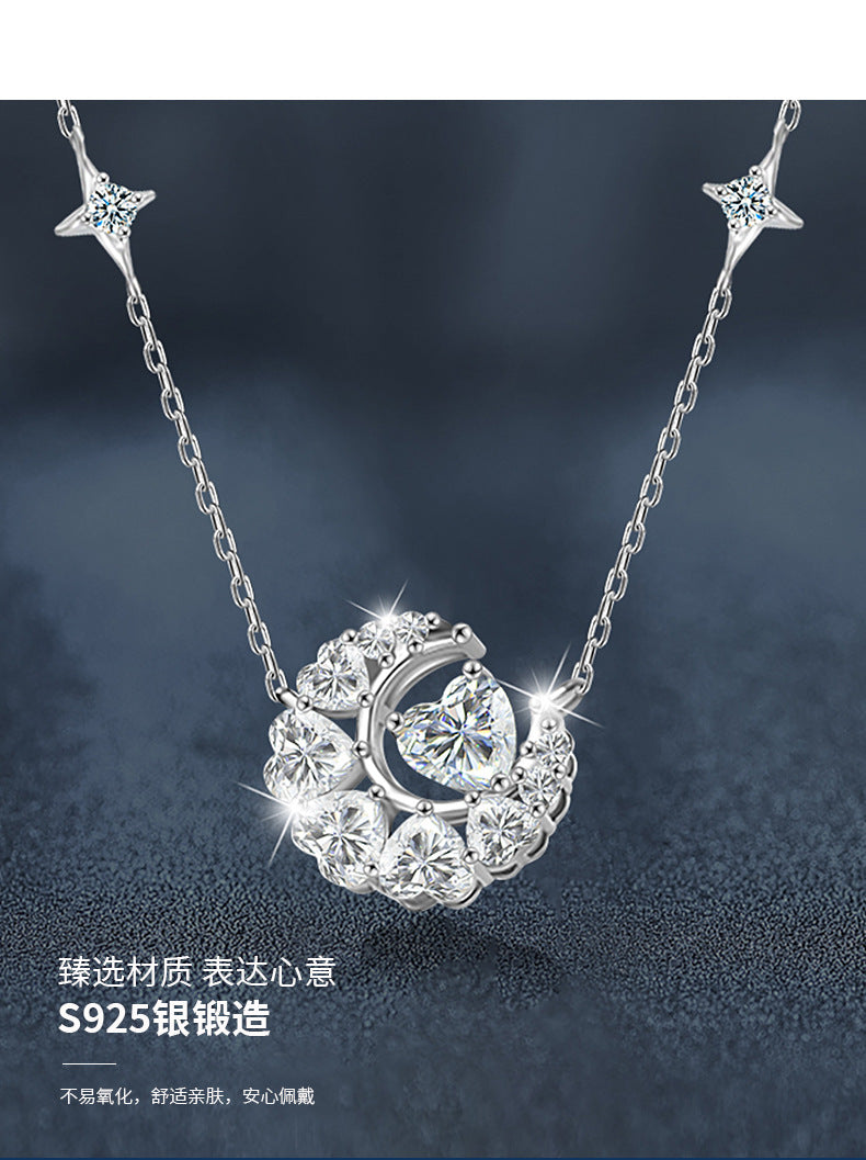 925 Silver Moissanite Star and Moon Necklace, Colorfast, Women's Design, Autumn and Winter High-end Heart Collar, Ins Unique