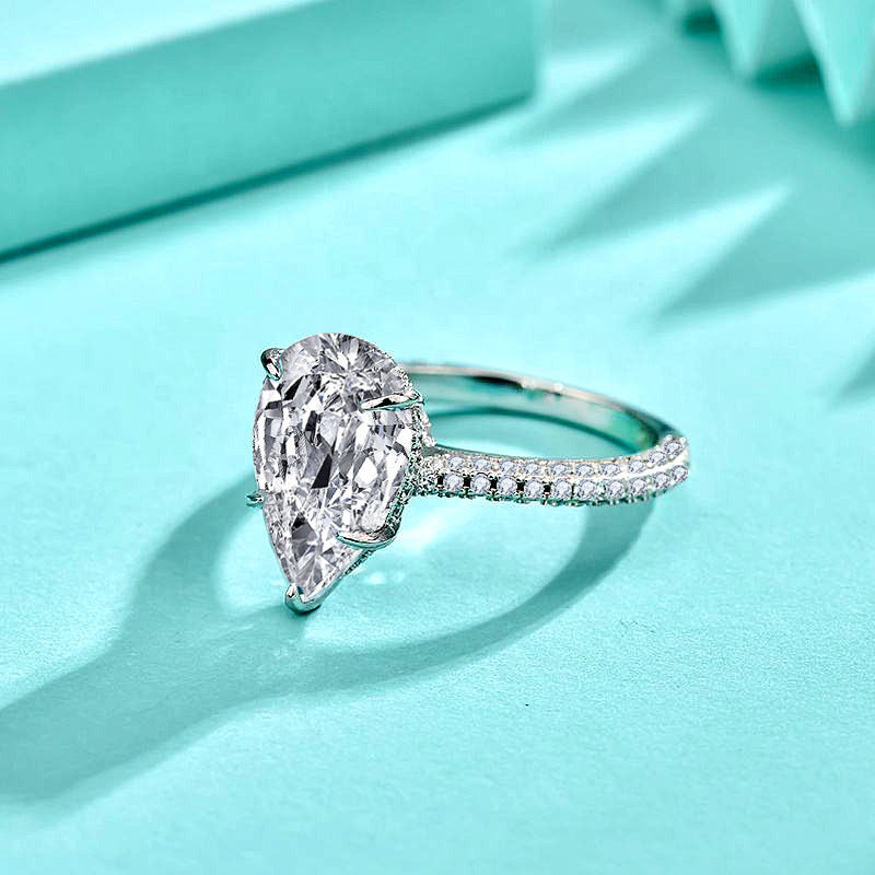 925 Sterling Silver Teardrop Tapered Zircon Ring Women's Exaggerated Personality Dove Egg Five-Claw Diamond Ring Platinum Cross-Border Jewelry