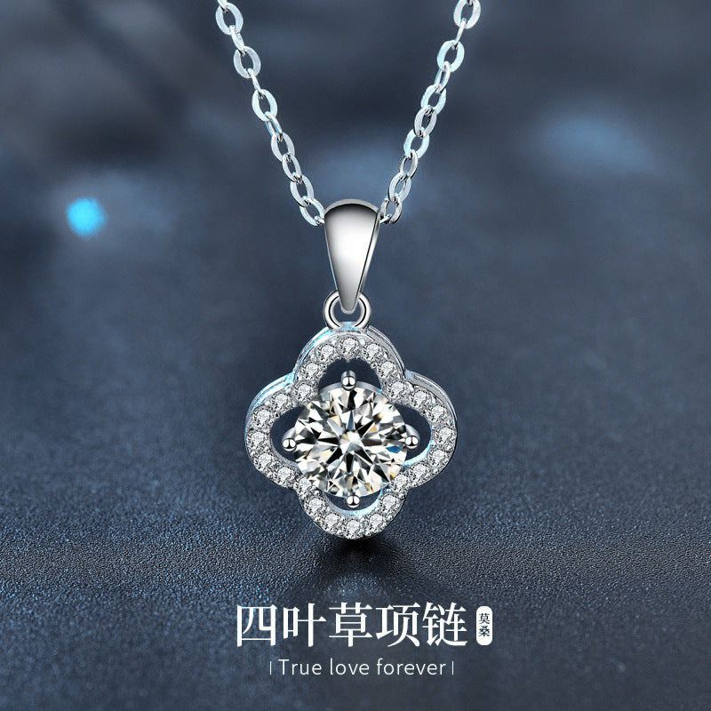 S925 Sterling Silver High-End Four-Leaf Clover Moissanite Necklace Fashionable and Elegant Xiaohongshu Style Clavicle Chain