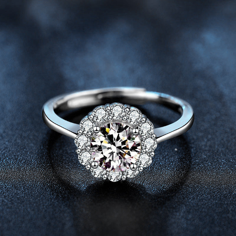 925 Sterling Silver Sunflower Ring Women's European and American Fashion Four-Claw Open Moissanite Diamond Ring Simulated Diamond Finger Ring