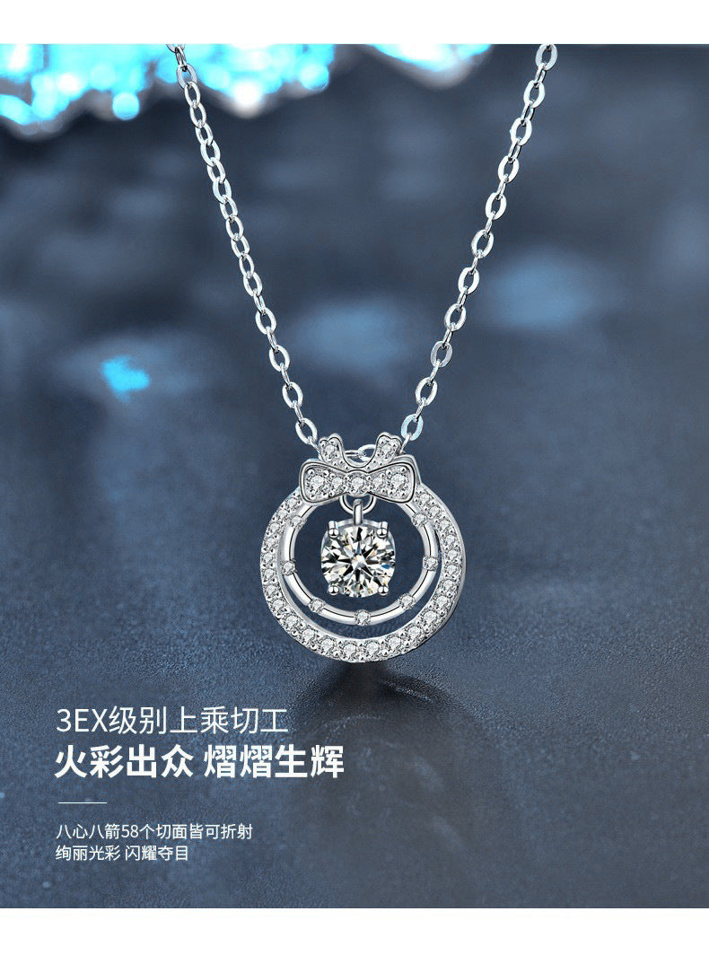 Original Moissanite 925 Sterling Silver Double Layer Necklace Ins Style Women's Versatile Bow Pendant