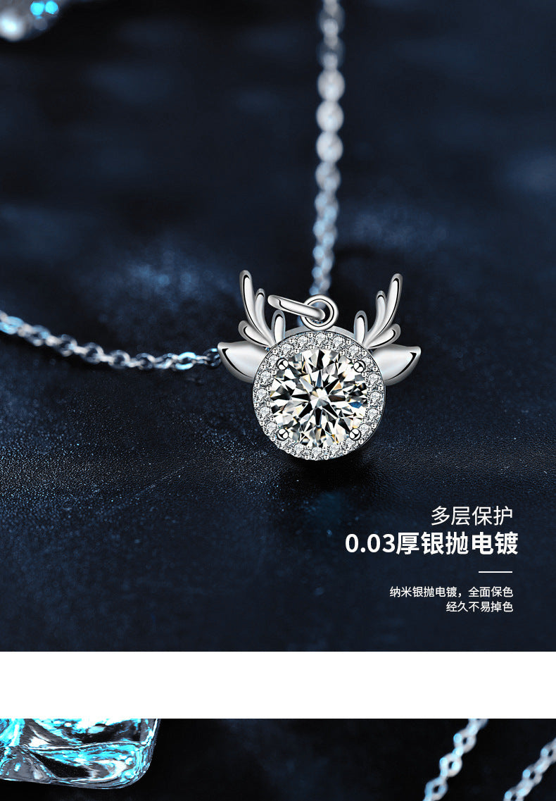 Original Moissanite 925 Sterling Silver "One Deer, You Are Here" Necklace, Exquisite Deer Pendant with Antlers, Cross-border Christmas Ornament