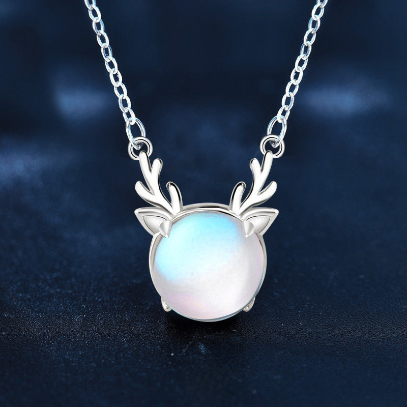 Original Moonstone Necklace for Women, 925 Sterling Silver, "Deer are with You All the Way", New Christmas Forest Series Elk Necklace Jewelry, Ins style
