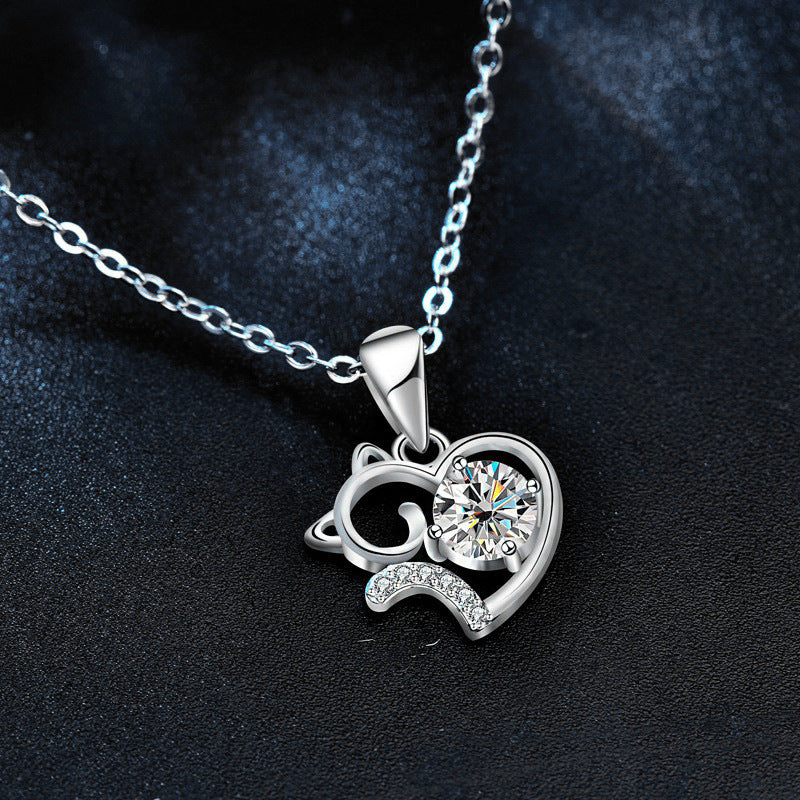 Cute Cat 925 Sterling Silver Necklace Summer Unique Moissanite Collar Pendant Jewelry Birthday Gift for Girlfriend