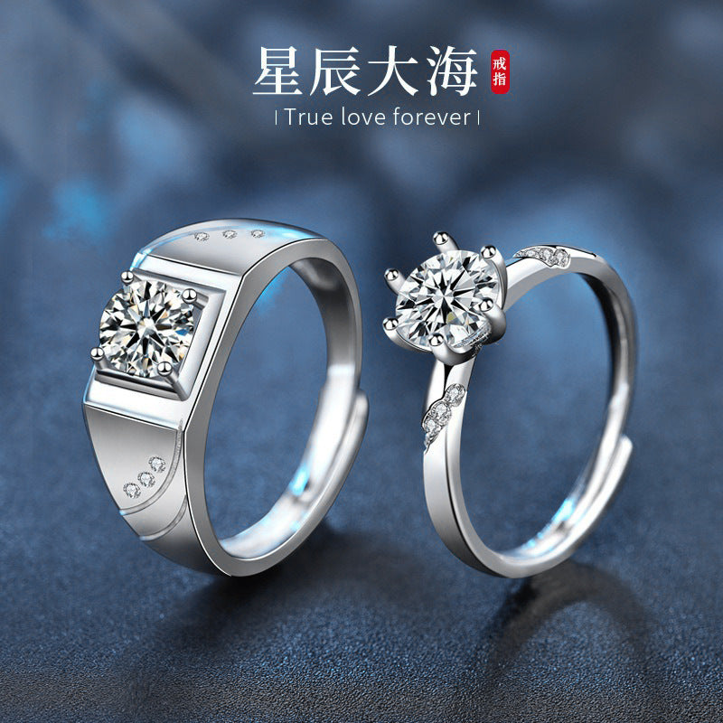 925 Sterling Silver Couple Rings - Korean and Japanese Style Open Rings with Moissanite - Personalized Engraved Couple Rings for Qixi Valentine's Day