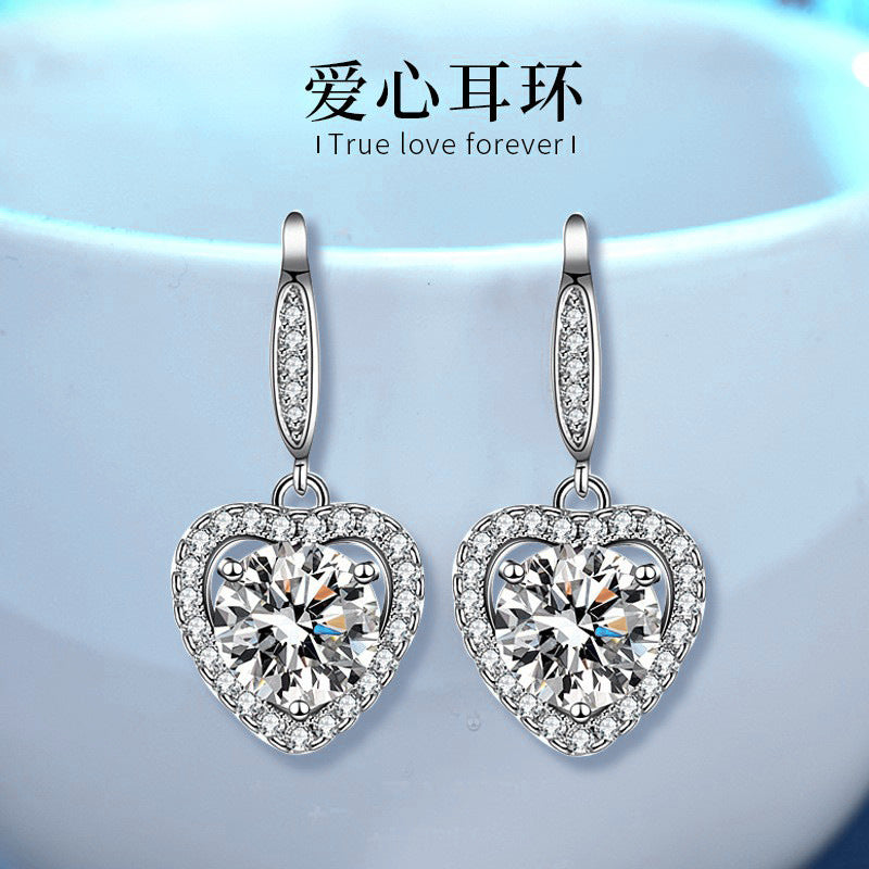 Euramerican Cross-border Jewelry 925 Pure Silver Heart Earrings with Moissanite Inlay, DIY Accessories