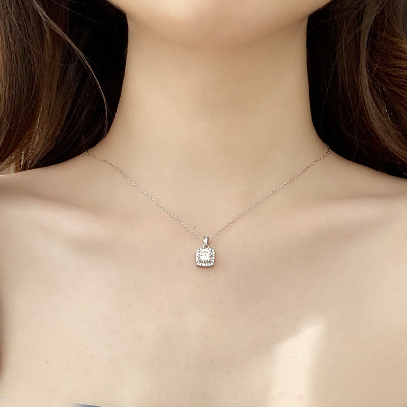 Moissanite 925 Sterling Silver Necklace Women's Ins Style Princess Square Bag Pendant Square Personality Choker Jewelry New Live Stream