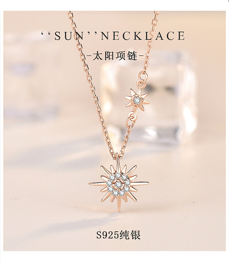 S925 Sterling Silver Sun Necklace for Women, Summer Unique Design Starlight Pendant Accessories, Internet Celebrity Same Style Accessories