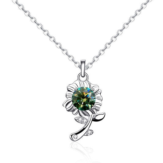 Original 925 Sterling Silver Necklace Green Moissanite Sunflower Pendant Necklace Valentine's Day Gift
