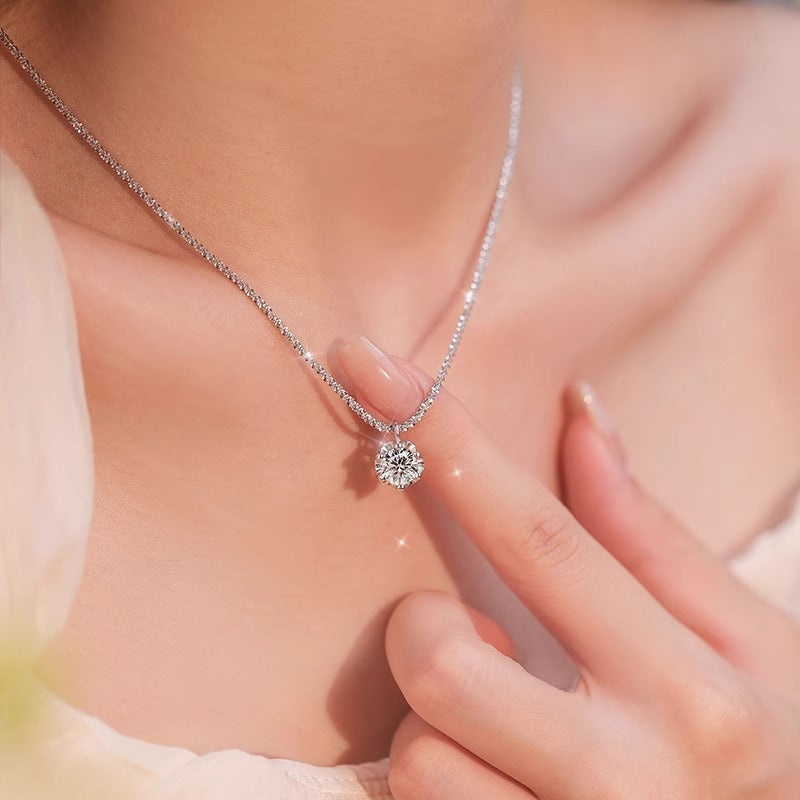Mossianite, Sparkling Crown Six-Prong Necklace, Luxurious and Sophisticated Pure Silver Starlight Chain for Women