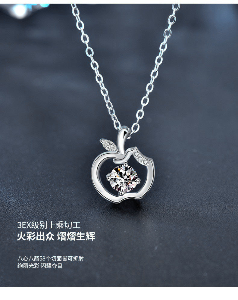 Original design 925 necklace for girls, pure silver apple pendant with moissanite, Christmas gift, foreign trade jewelry
