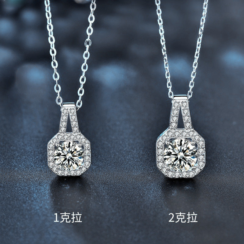 Moissanite 925 silver necklace, In style princess square pendant, summer European and American square silver accessory