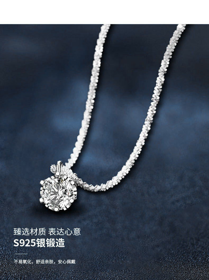 Mossianite, Sparkling Crown Six-Prong Necklace, Luxurious and Sophisticated Pure Silver Starlight Chain for Women