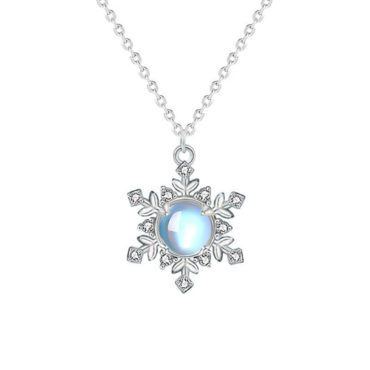 Moonstone Snowflake Necklace for Women, S925 Sterling Silver Pendant, Korean Style Fresh Clavicle Necklace, Christmas Gift Jewelry