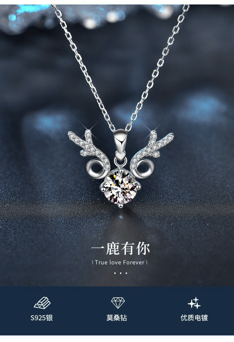 "All the Way Deer" 925 Sterling Silver Moissanite Pendant Necklace Women's INS Simple Clavicle Chain Christmas Gift Jewelry