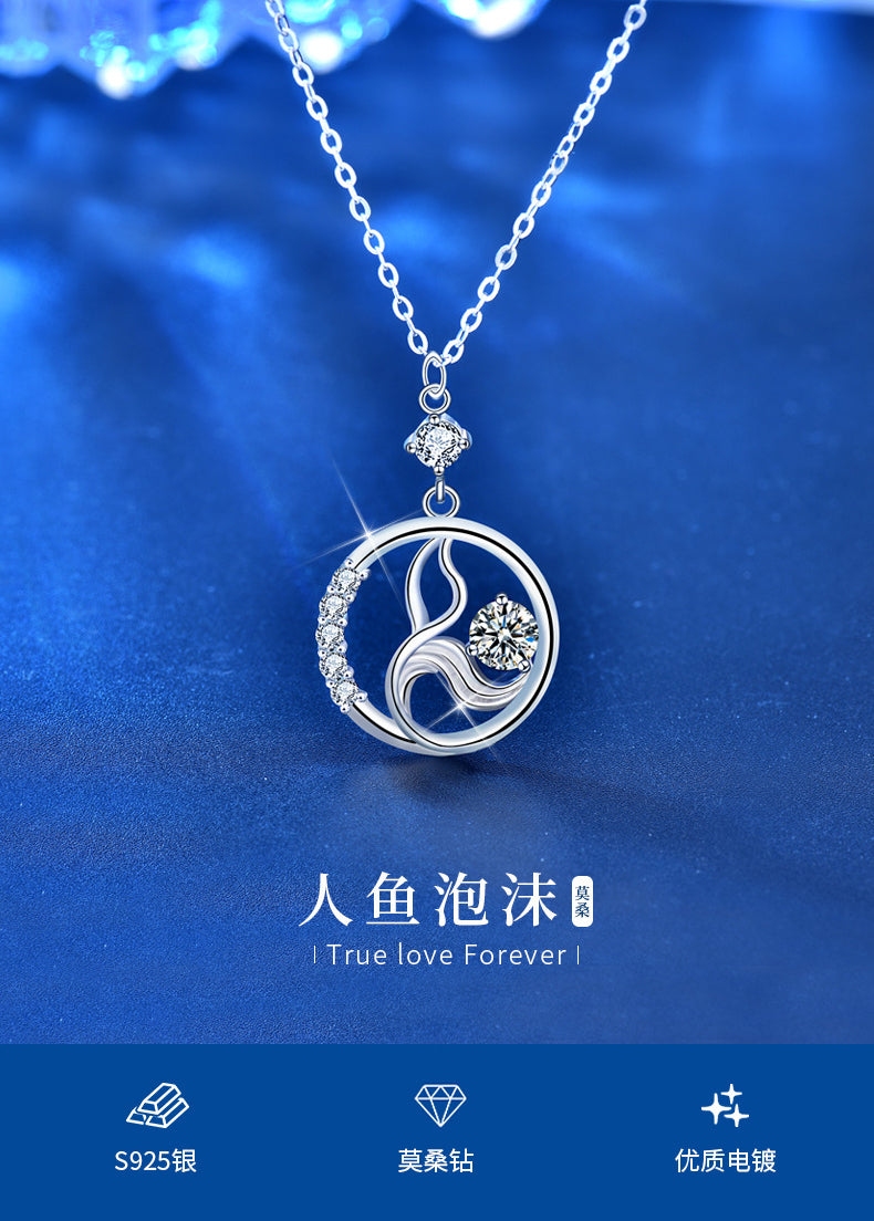 Original 925 Sterling Silver Mermaid Foam Necklace for Women, Moissanite Sweater Chain, Design-conscious, Unique, Sophisticated, Autumn and Winter Long Style