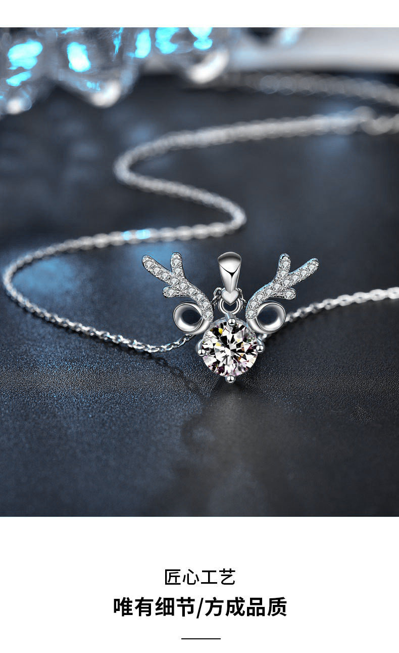 "All the Way Deer" 925 Sterling Silver Moissanite Pendant Necklace Women's INS Simple Clavicle Chain Christmas Gift Jewelry