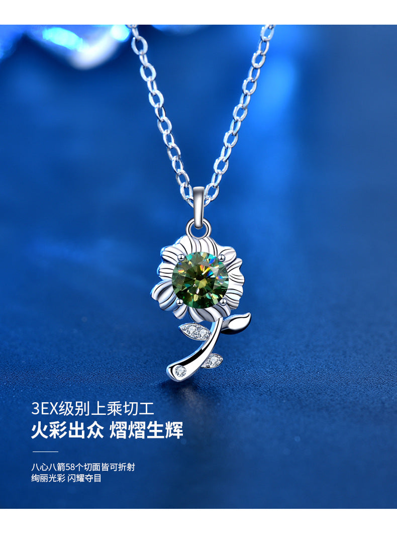Original 925 Sterling Silver Necklace Green Moissanite Sunflower Pendant Necklace Valentine's Day Gift