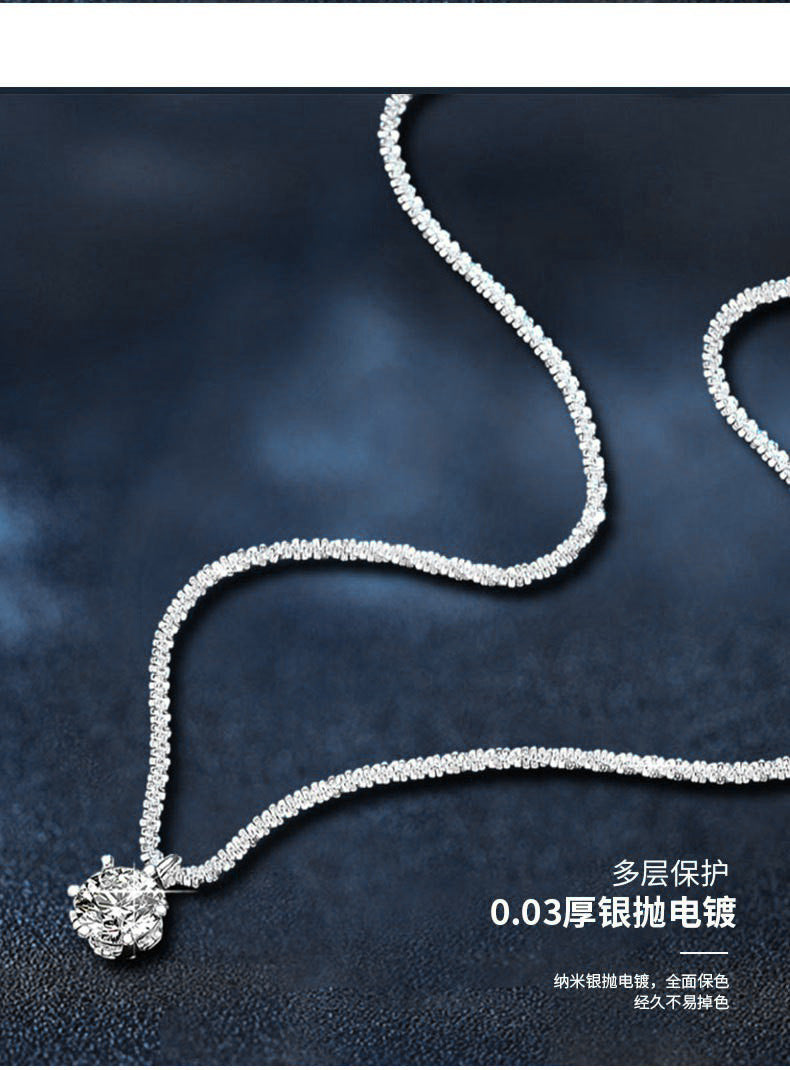 Mossianite, Sparkling Crown Six-Prong Necklace, Luxurious and Sophisticated Pure Silver Starlight Chain for Women