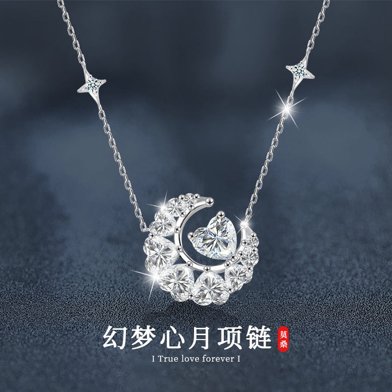 925 Silver Moissanite Star and Moon Necklace, Colorfast, Women's Design, Autumn and Winter High-end Heart Collar, Ins Unique
