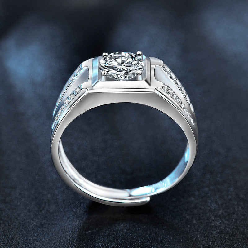 925 Pure Men's Open Ring, European and American Trendy Fashionable Moissanite Wedding Ring Engraving