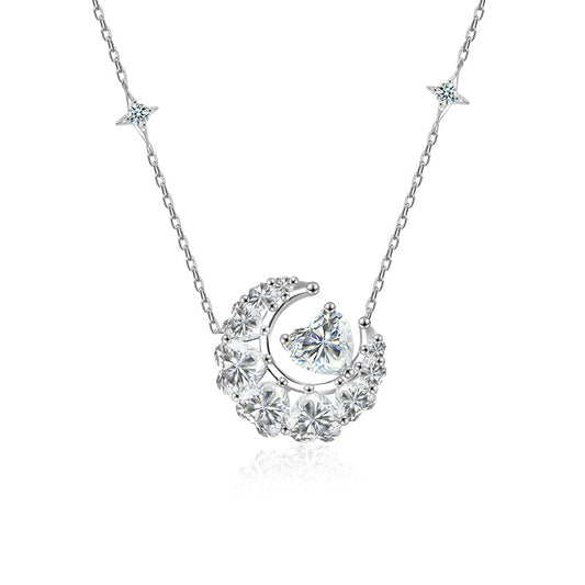 925 Silver Moissanite Star and Moon Necklace, Colorfast, Women's Design, Autumn and Winter High-end Heart Collar, Ins Unique
