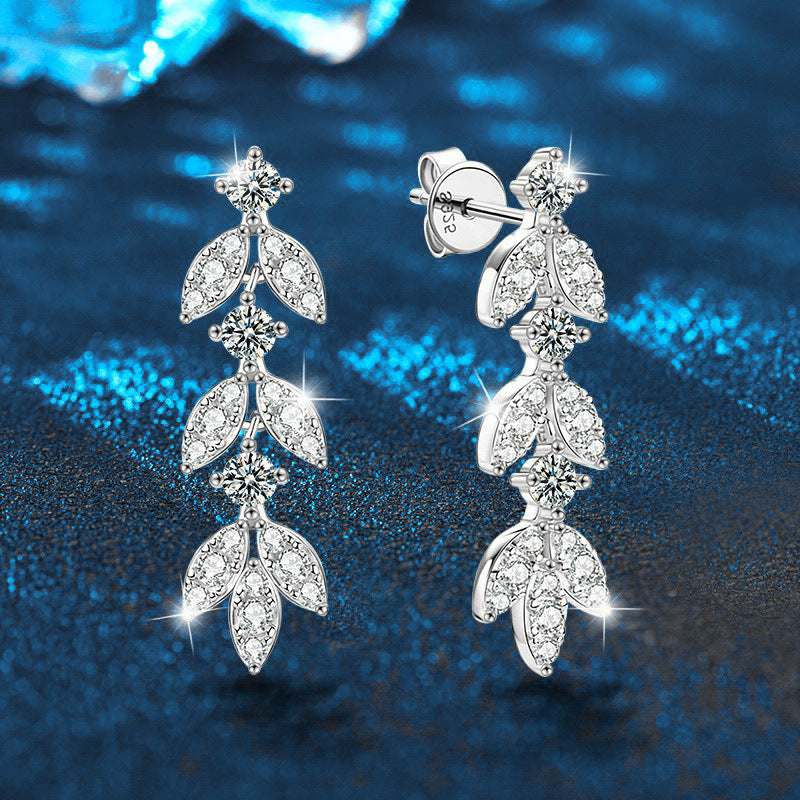 Cross-border Moissanite Leaf Tassel Earrings s925 Silver Earrings Sterling Silver High-end 2024 New Earrings Jewelry
