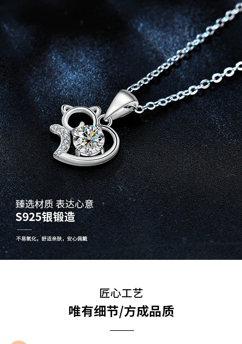 Cute Cat 925 Sterling Silver Necklace Summer Unique Moissanite Collar Pendant Jewelry Birthday Gift for Girlfriend