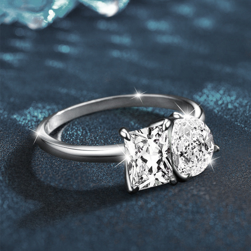 Cross-border jewelry moissanite double stone ring for women 925 pure silver square drop exaggerated ring European and American silver jewelry wholesale