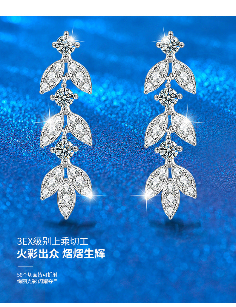 Cross-border Moissanite Leaf Tassel Earrings s925 Silver Earrings Sterling Silver High-end 2024 New Earrings Jewelry