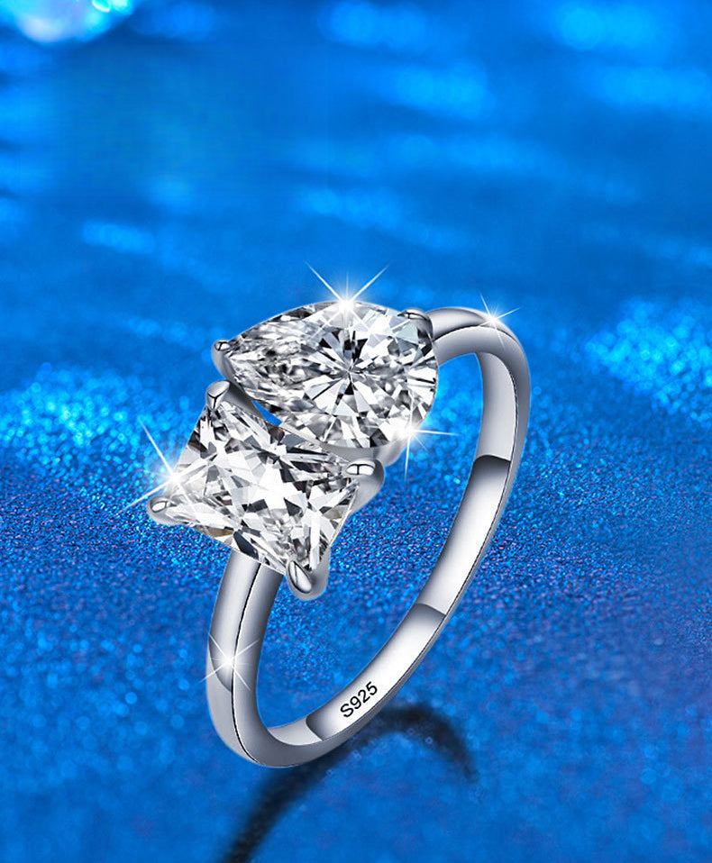 Cross-border jewelry moissanite double stone ring for women 925 pure silver square drop exaggerated ring European and American silver jewelry wholesale