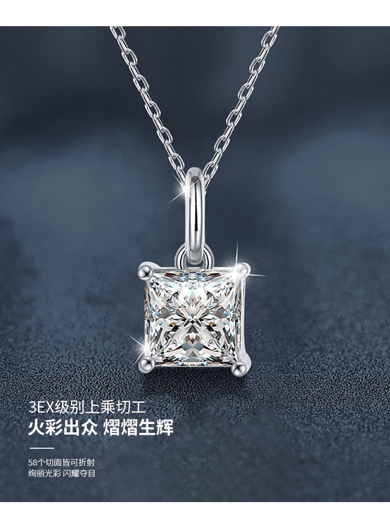 Cross-border jewelry moissanite princess cut necklace for women, 925 pure silver collar chain, ins trendy unique minimalist pendant