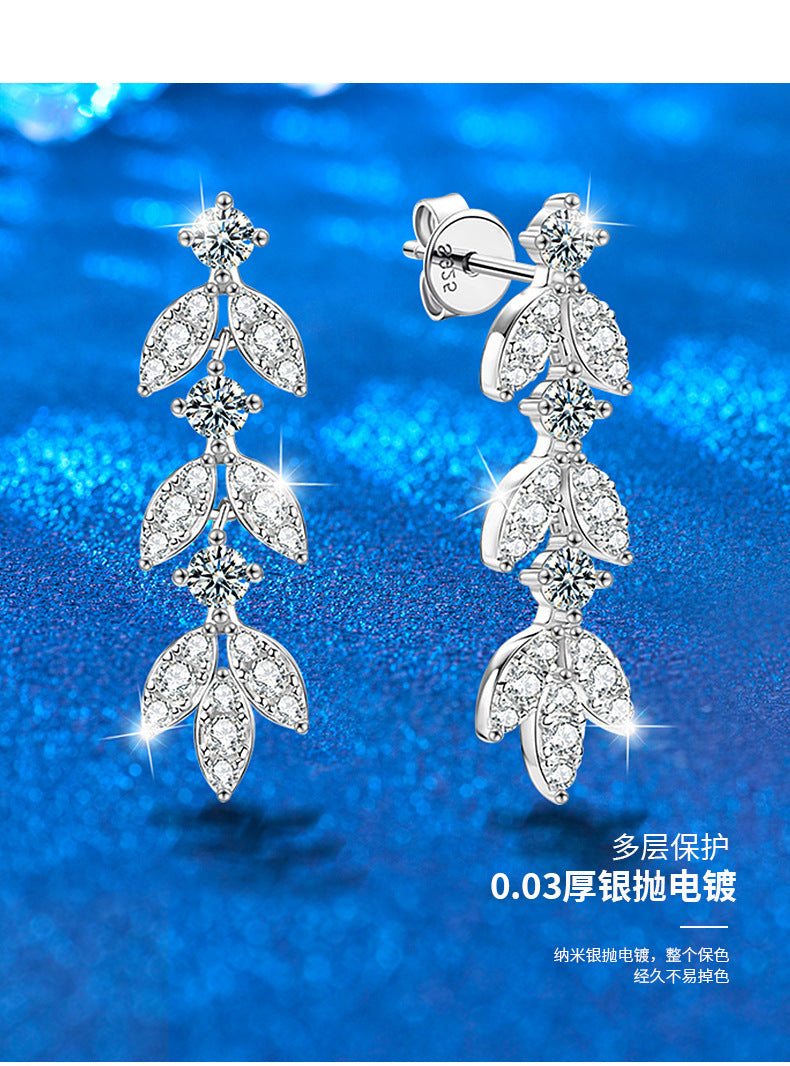 Cross-border Moissanite Leaf Tassel Earrings s925 Silver Earrings Sterling Silver High-end 2024 New Earrings Jewelry