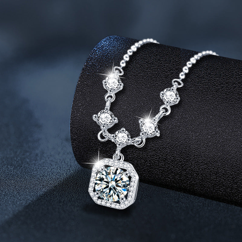 Mozambique 925 Sterling Silver Tassel Necklace Jewelry, Women's Unique High-end Style Cube Pendant Collar Chain