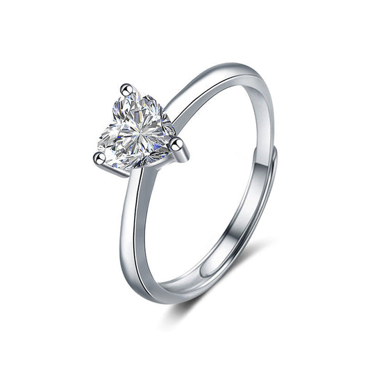 Moissanite Diamond Ring, 925 Sterling Silver Adjustable Women's Jewelry Heart Moissanite Ring Jewelry