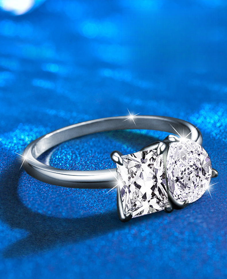 Cross-border jewelry moissanite double stone ring for women 925 pure silver square drop exaggerated ring European and American silver jewelry wholesale