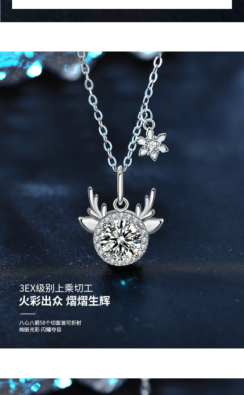Original Moissanite 925 Sterling Silver "One Deer, You Are Here" Necklace, Exquisite Deer Pendant with Antlers, Cross-border Christmas Ornament