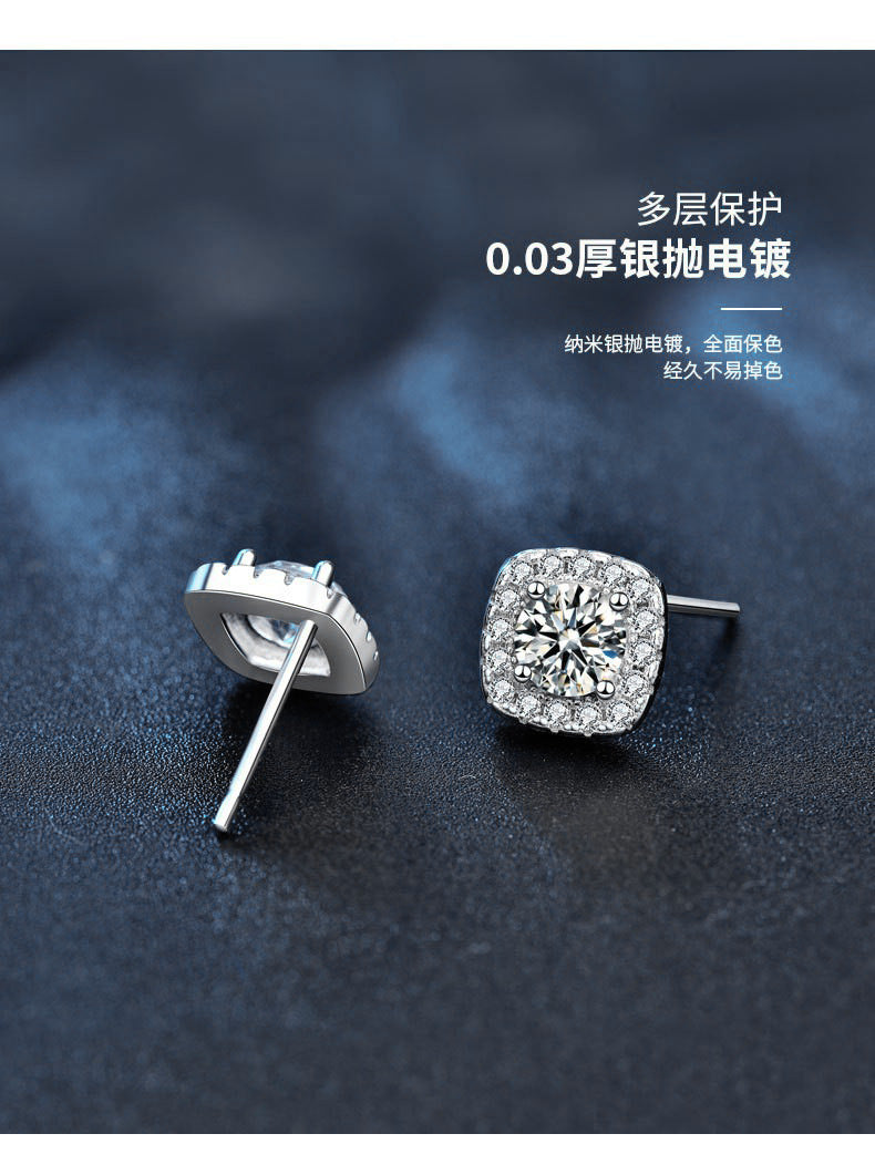 莫桑石925纯银耳钉银针批发女士欧美简单几何方形耳环小巧耳饰ins