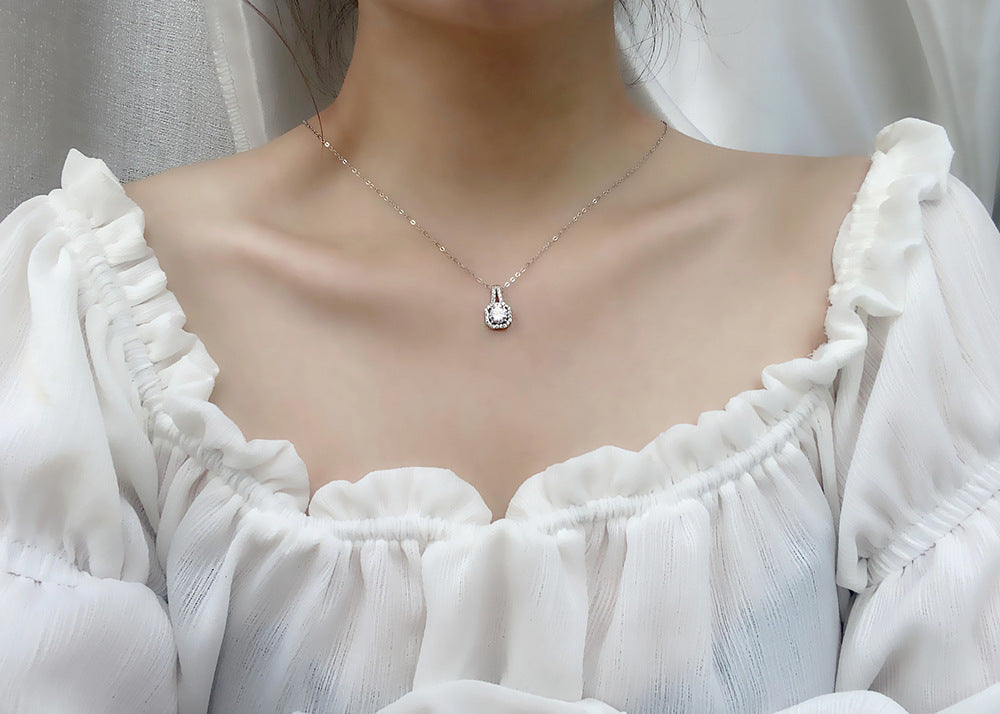 Moissanite 925 silver necklace, In style princess square pendant, summer European and American square silver accessory