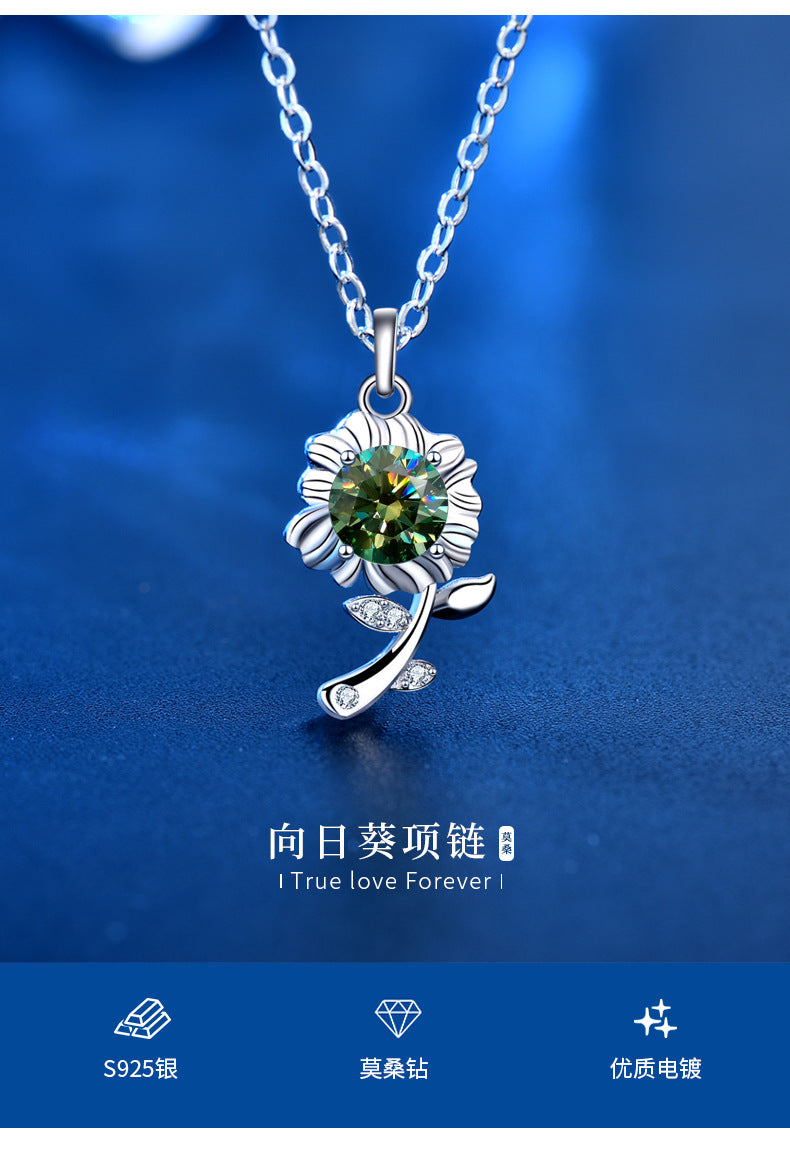 Original 925 Sterling Silver Necklace Green Moissanite Sunflower Pendant Necklace Valentine's Day Gift