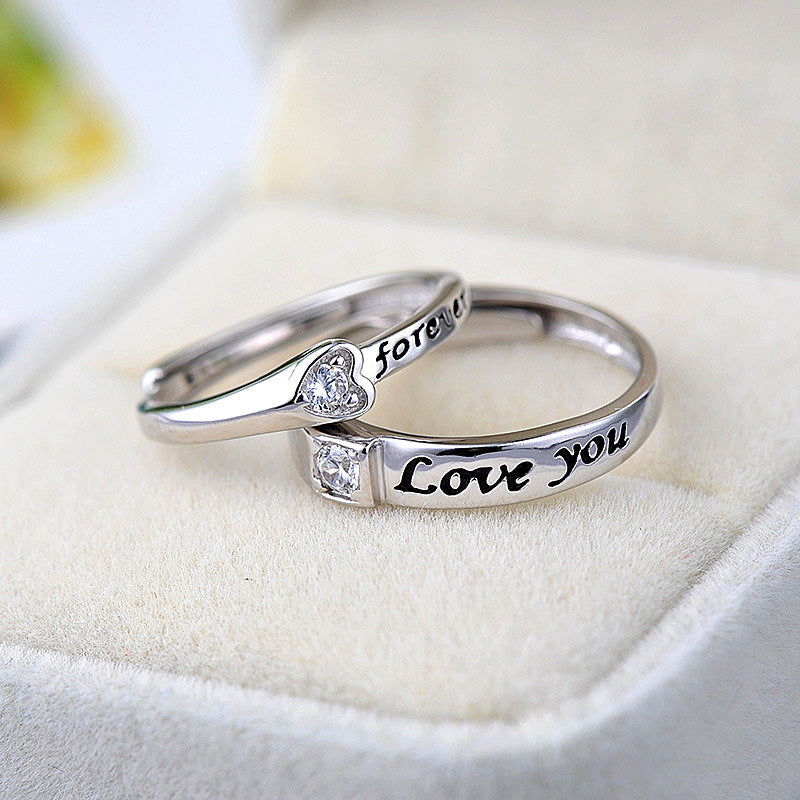 Love couple ring 925 pure silver pair oxidized vintage letter couple ring fashionable zircon open ring accessory