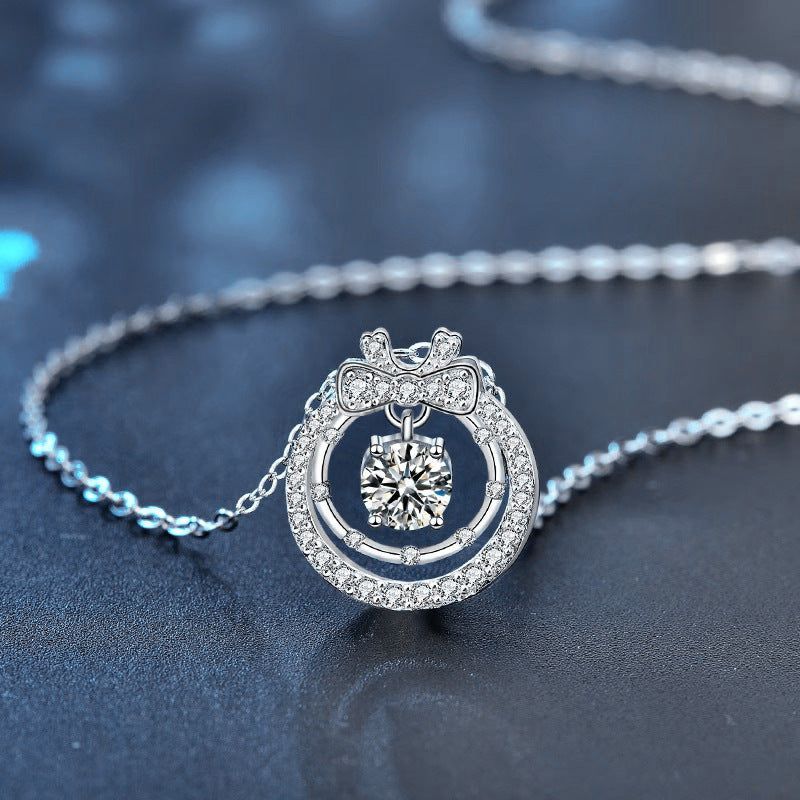 Original Moissanite 925 Sterling Silver Double Layer Necklace Ins Style Women's Versatile Bow Pendant