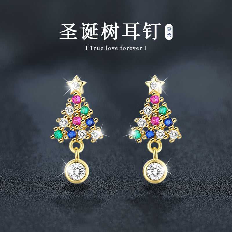 莫桑彩钻圣诞树耳钉925纯银气质圣诞耳饰夸张