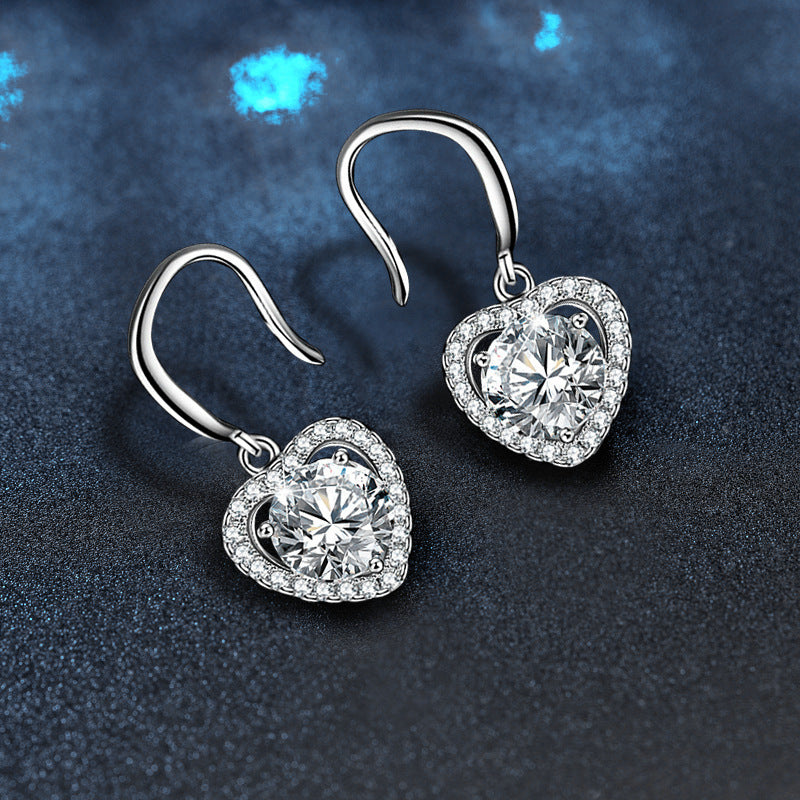Euramerican Cross-border Jewelry 925 Pure Silver Heart Earrings with Moissanite Inlay, DIY Accessories