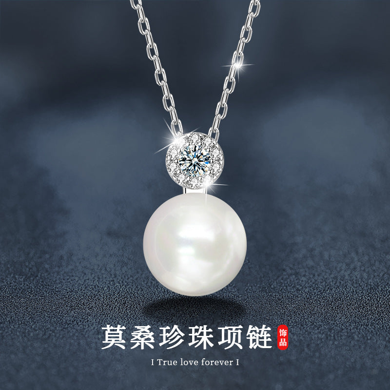Moissanite Freshwater Pearl Necklace Non-Fading Women's Summer High-End 925 Sterling Silver Necklace Fashionable Versatile Pendant