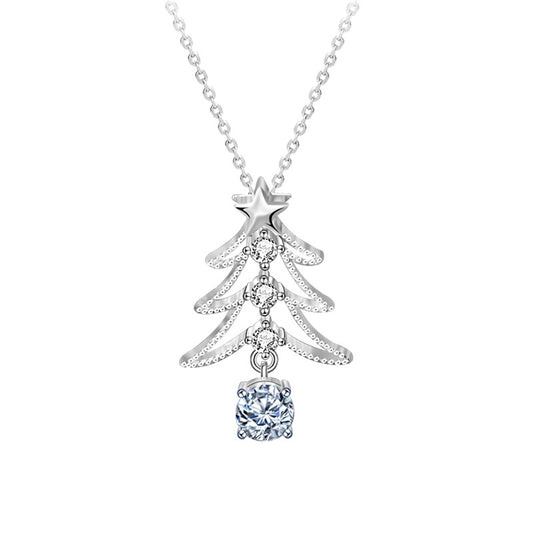 925 Silver Christmas Tree Necklace Pendant Jewelry, New European and American Style Moissanite Collar Accessories, Ins Christmas Gift