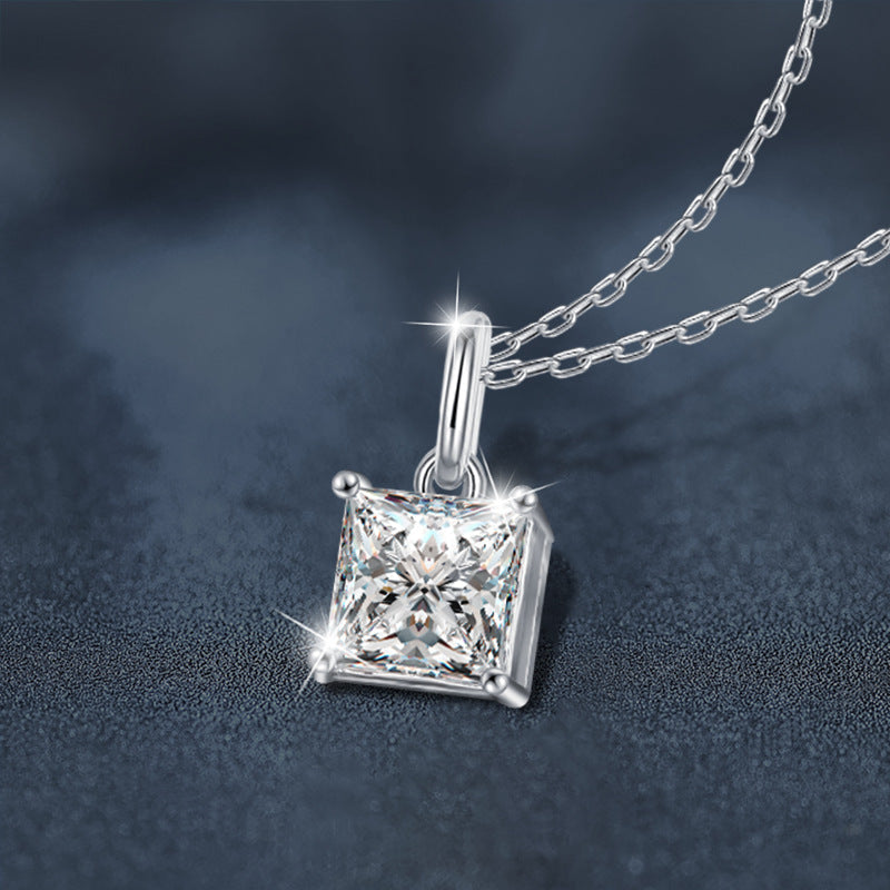 Cross-border jewelry moissanite princess cut necklace for women, 925 pure silver collar chain, ins trendy unique minimalist pendant