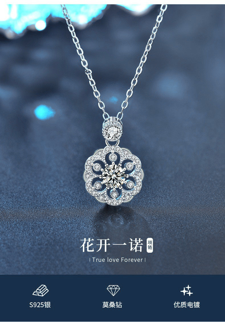 Original Design Cherry Blossom Necklace for Women, 925 Pure Silver Moissanite, Unique Chinese Style Collar Pendant, Versatile Jewelry